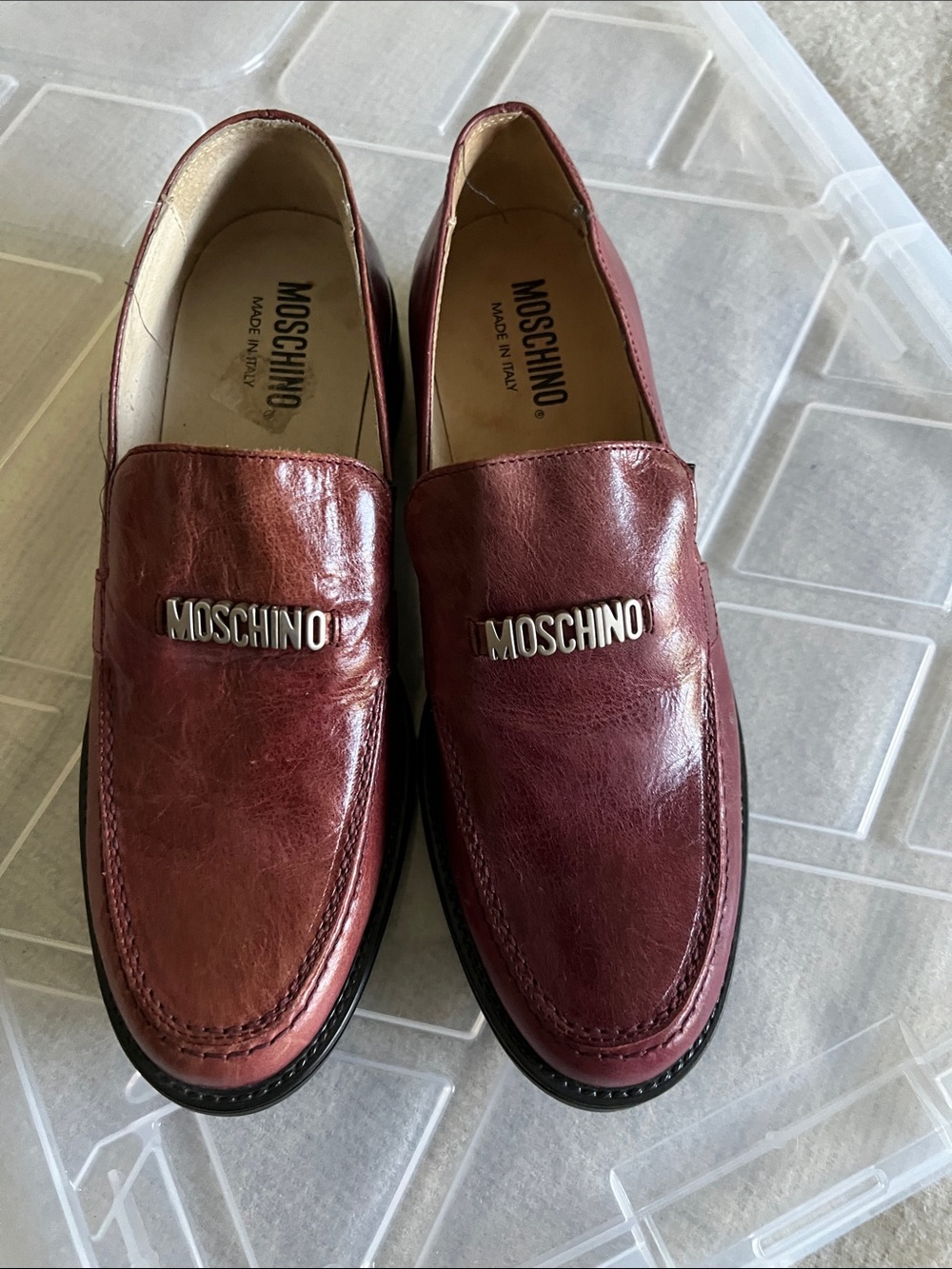 Moschino Men’s Burgundy Leather Loafers with Silver Logo